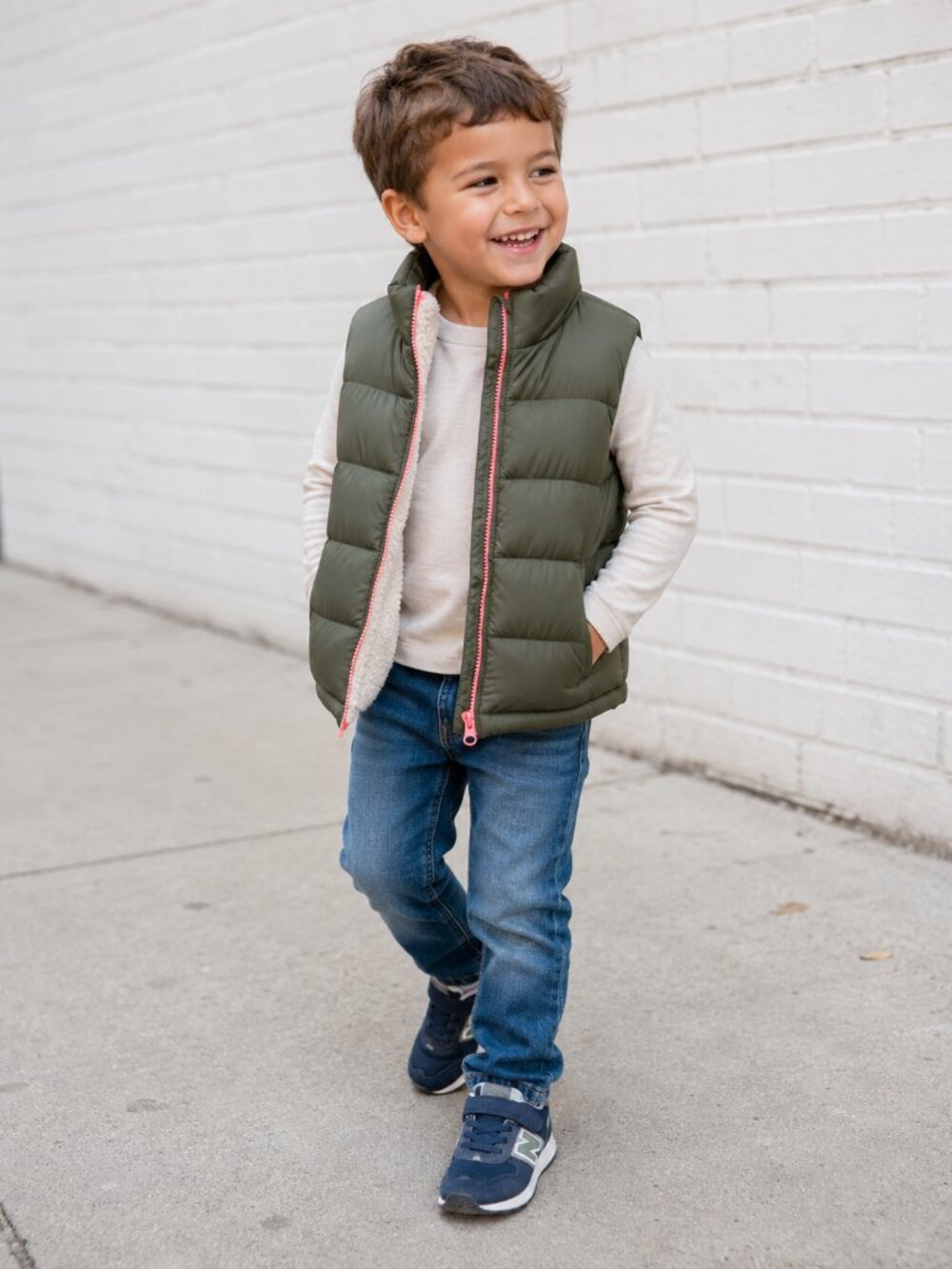 GAP KIDS Unisex Sherpa Puffer Vest Small Olive‎ Green Orange Zipper Boys Girls